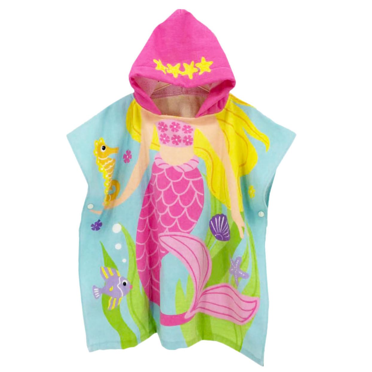 Asciugamano da Spiaggia Indossabile per Bambini, Cappuccio, 60 Cm | Cotone Rosa, Stampa Cartone Animato Sirena, Leggero e Saldo, per Cambio Rapido
