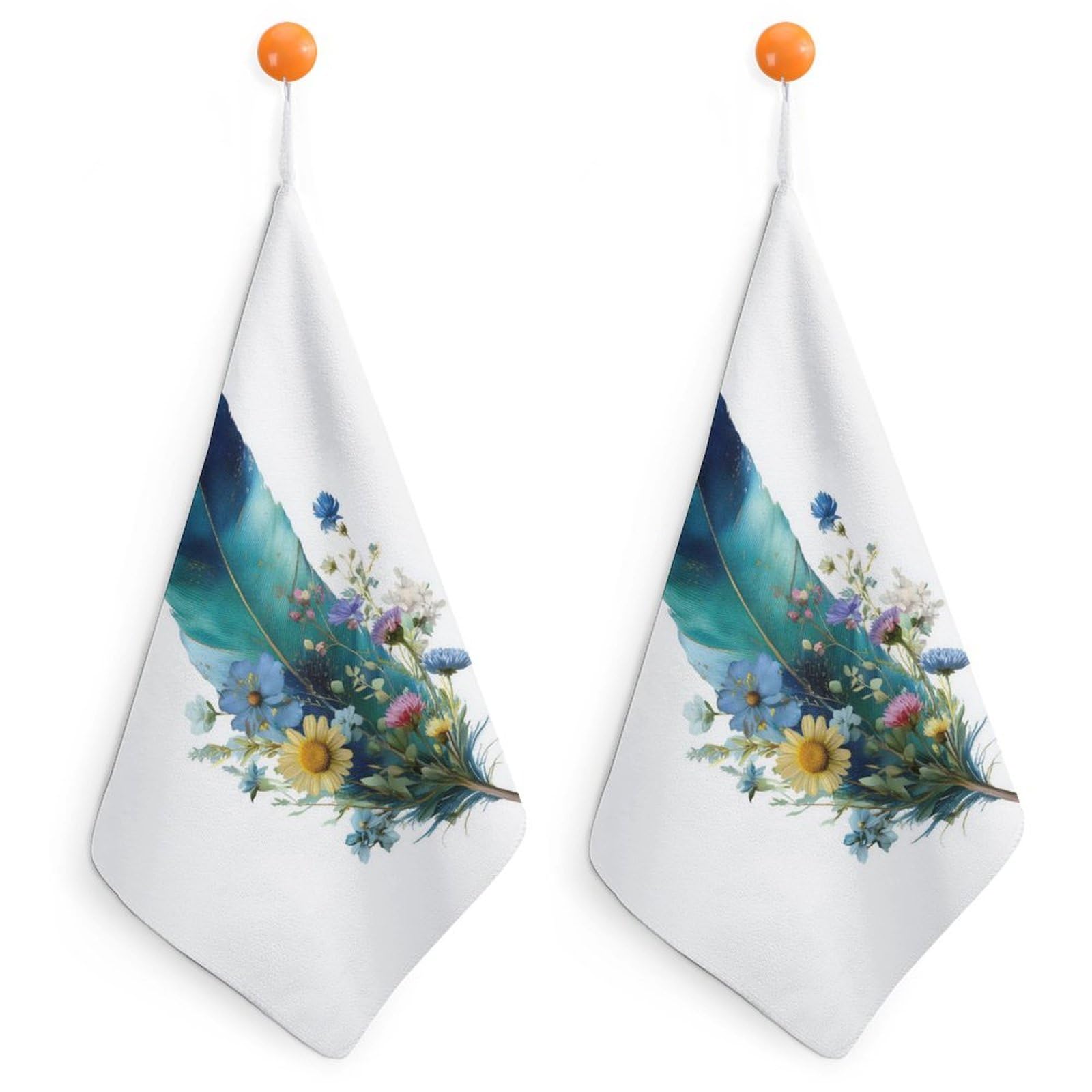 Jubonexis Watercolor Feather with Wildflowers Small Hand Towel with Hanging Loop 2 PCS Absorbent Soft Wash Cloth for Kitchen Bathroom