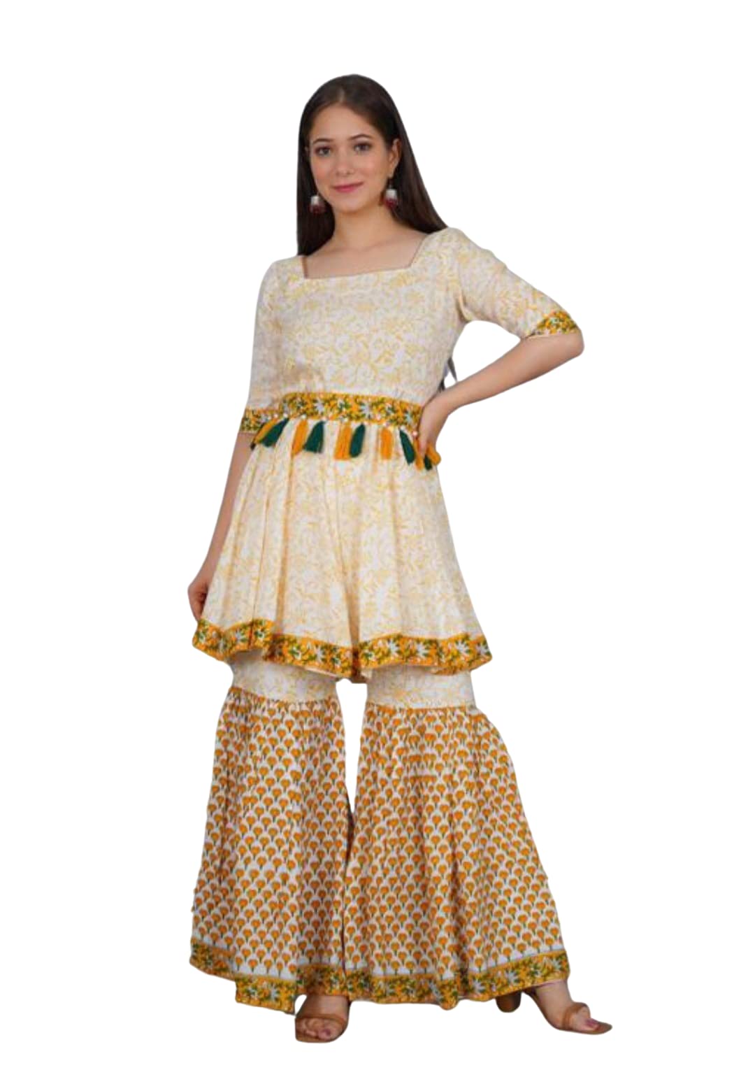 Latest Trending Cloya Block Print Sharara Kurta Set for Girls and Women (Medium) White