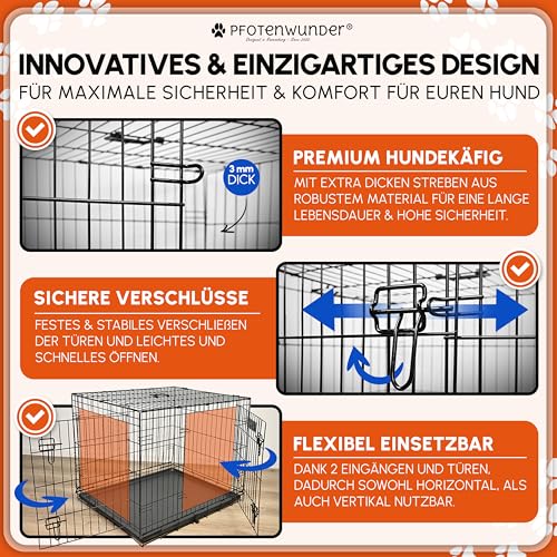 PFOTENWUNDER® Hundekäfig für zuhause, Gitterbox Hund in 3 Größen, 2 Türen + 1 Cover, 1 Trainingsbuch, Tiertransportbox Hundetransportkäfig klappbar, Hunde-Transport-Box Auto Drahtkäfig (107*71*77,5cm)