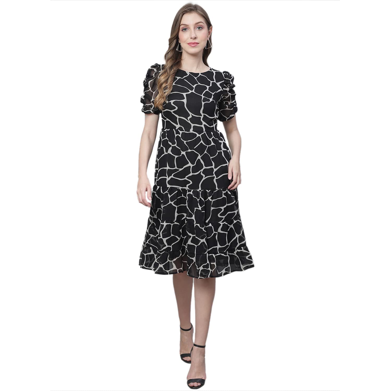 Women's Black & White Checked Print Tiered Midi Dress