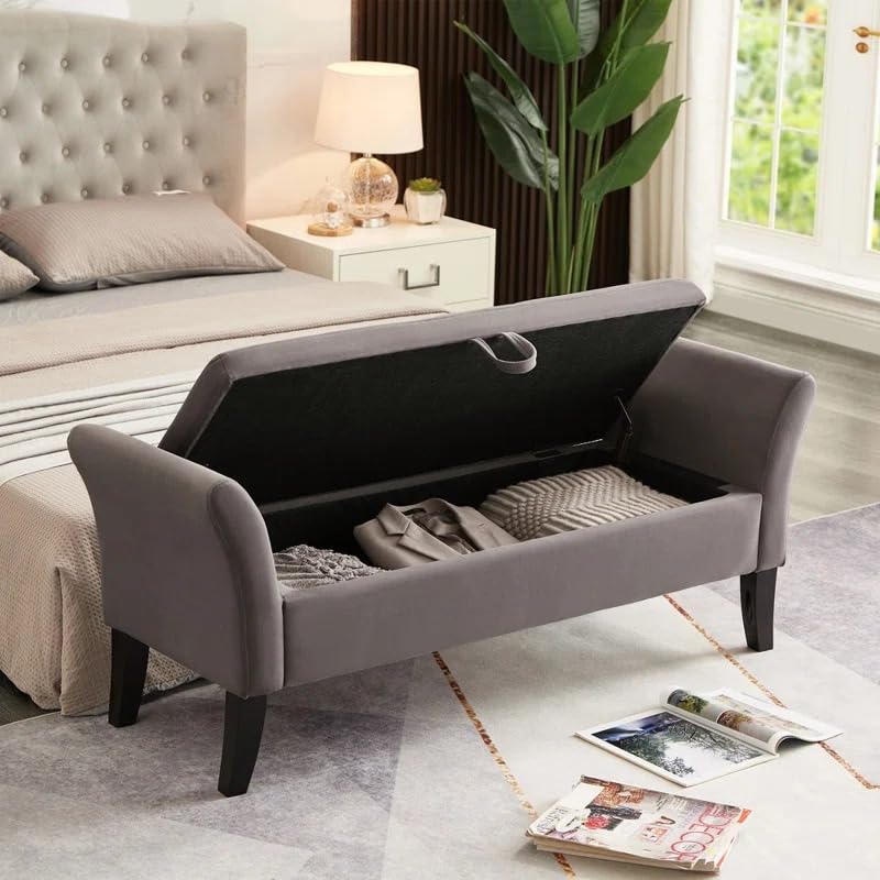 Image of 2 Seater Storage Ottoman Bench with Armrests | Upholstered Tufted Sofa Bench with Hidden Storage | Bedroom Living Room Entryway Seating | Modern End of Bed Bench Footrest Lounge Seat | Grey