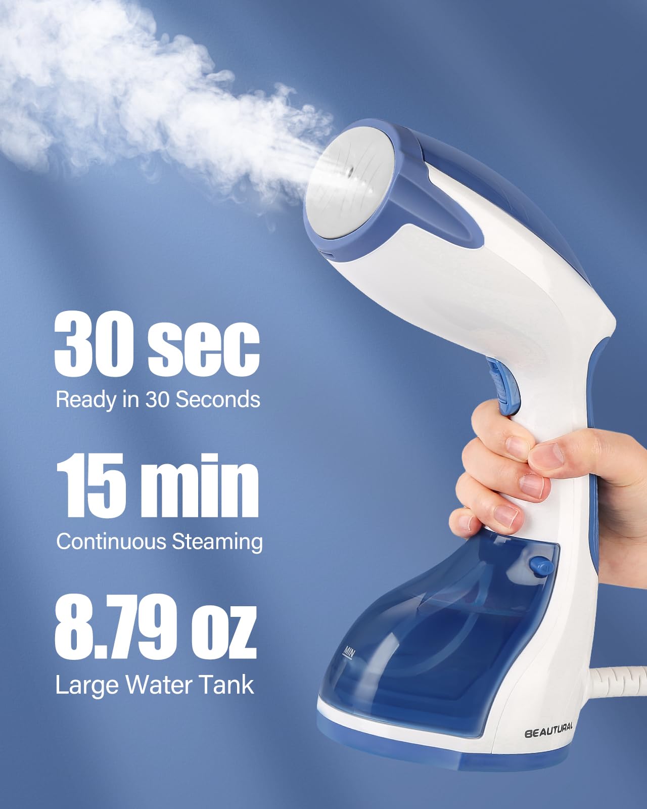 Close-up of the BEAUTURAL handheld clothes steamer, highlighting its ergonomic handle and detachable water tank.