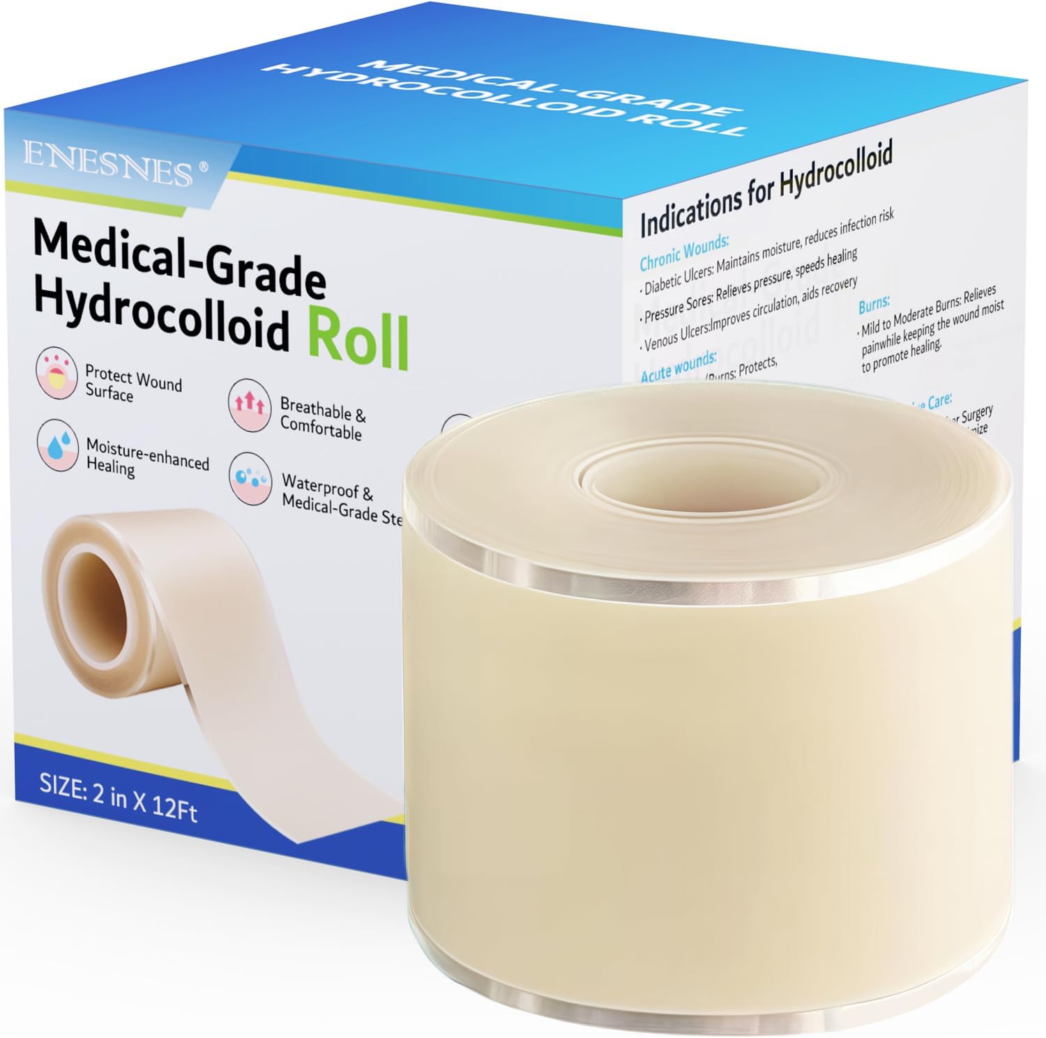 Hydrocolloid 2″x12′ Roll for Wound Care – Flexible, Waterproof Bandages Hydrocolloid 2″x12′ Roll for Wound Care – Flexible, Waterproof Bandages