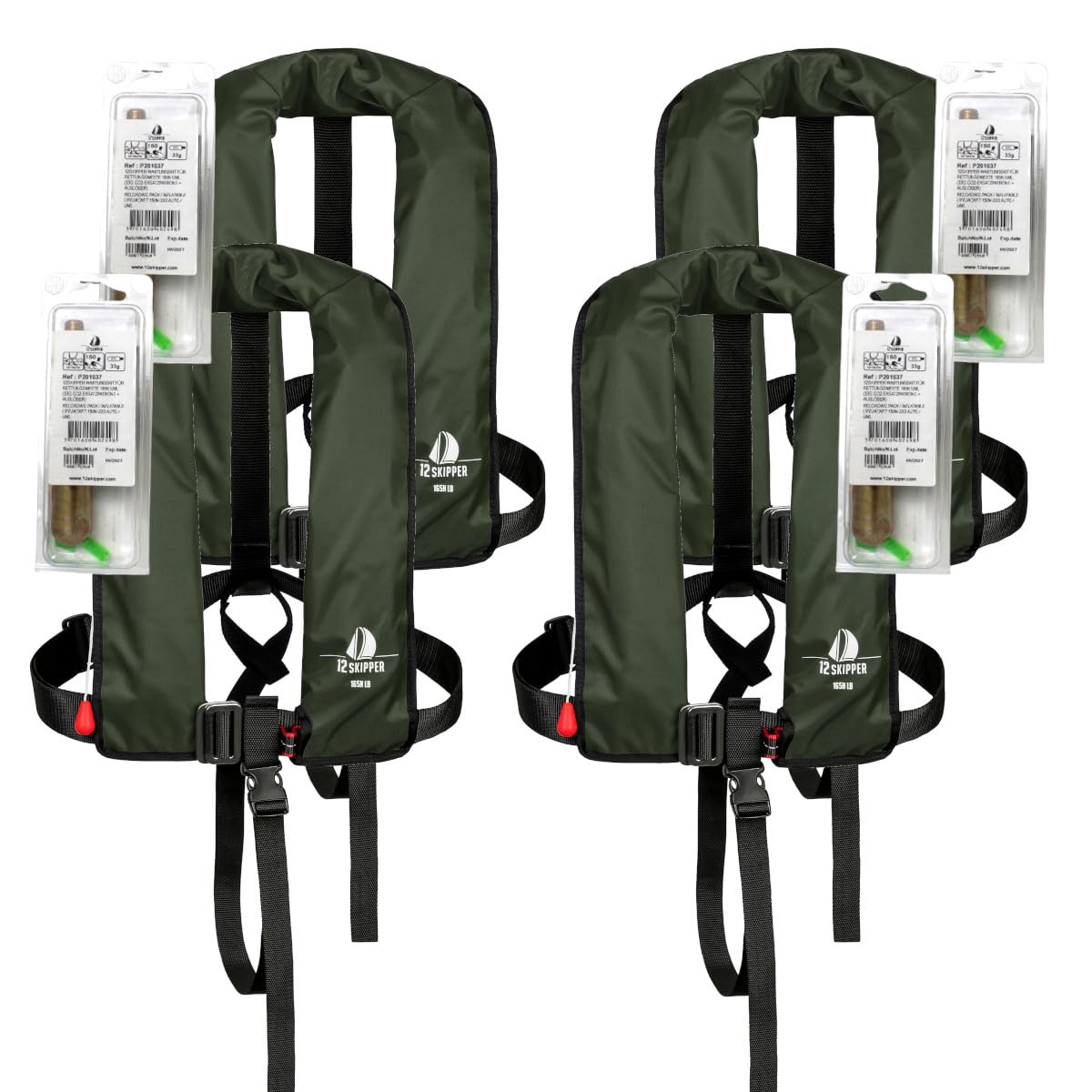 Set di 4 12skipper giubbotti di salvataggio automatici 165N ISO con imbragatura, verde oliva incl. 4 kit di manutenzione