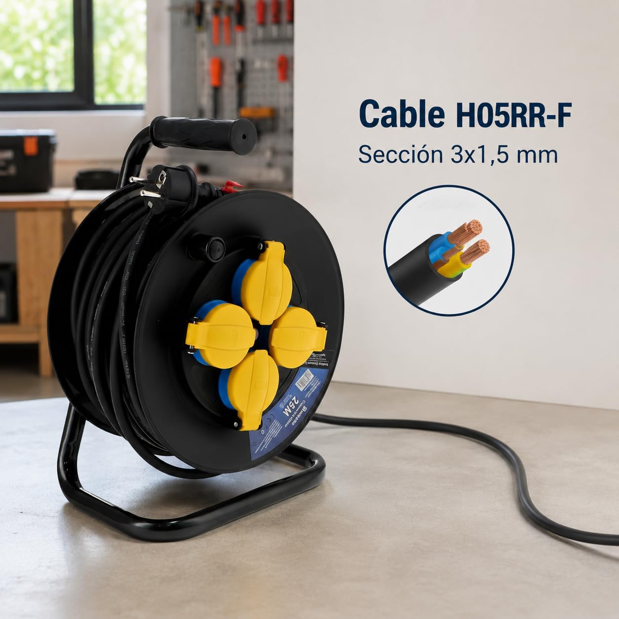 M mimotec - Avvolgicavo da Esterno 25m IP44 4 Prese 3200W 16A, Cavo H05RR-F 3G1,5 mm², Protezione Bambini, Ideale per Giardino, Cantiere e Officina