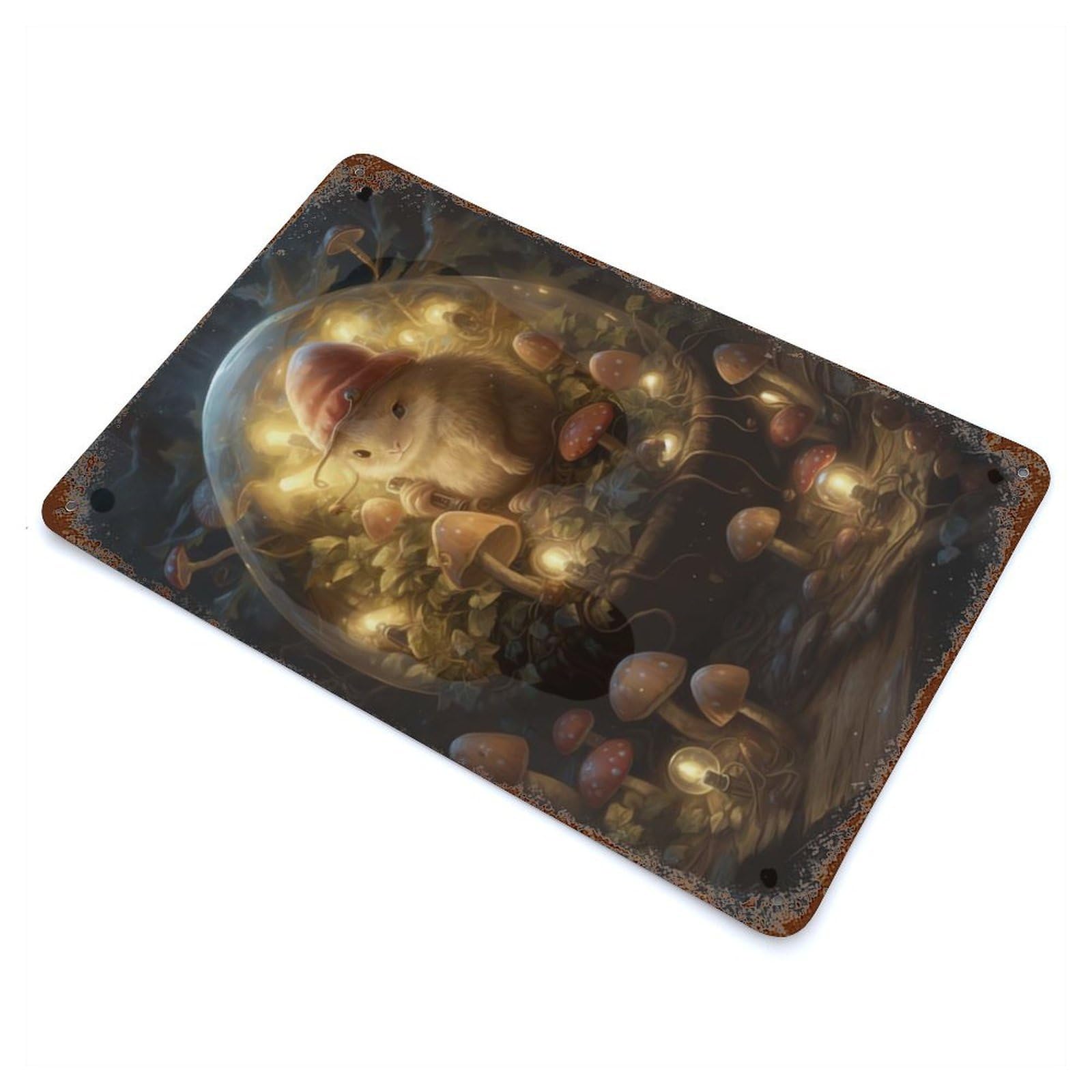 Rusty Metal Tin Sign with Mouse And Mushroom Design 11.8"x7.9", for Farmhouse, Kitchen And Entryway Decor, Rustic Home Decor