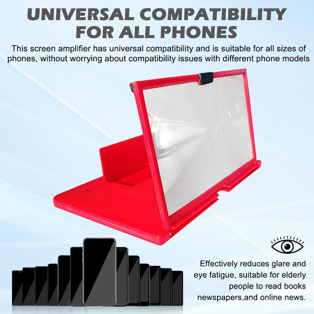 12" 3D HD Phone Screen Magnifier with Foldable Stand, Drawer Design, Blue Light Filter, Anti-Slip, Movie Video Gaming Amplifier, Universal Compatibility for All Phones (Red)