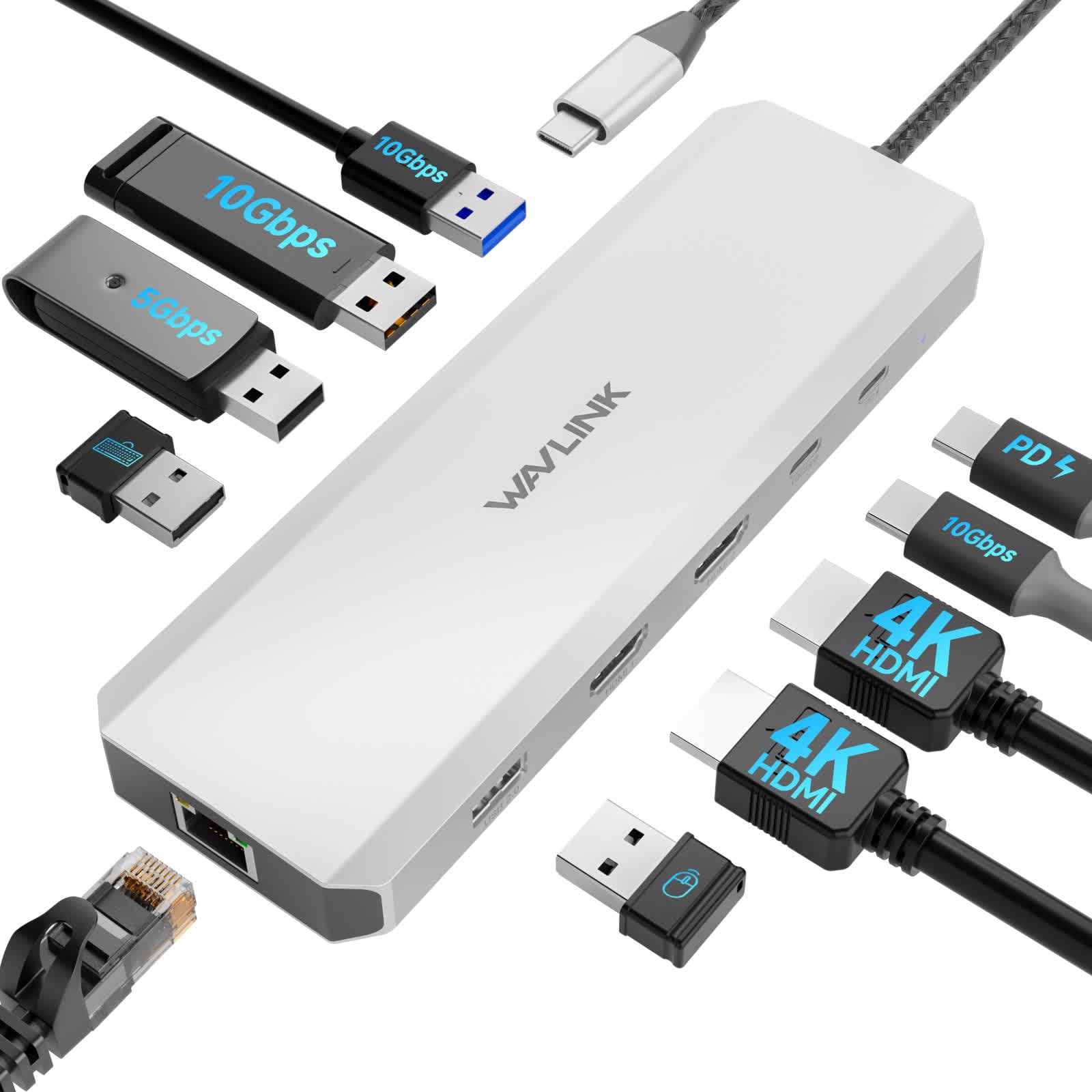 WAVLINK Station d'accueil pour Ordinateur Portable, concentrateur USB C 10 G avec Double HDMI, 100 W PD in, USB-A/C 3.2 10&5 Gbit/s, Gigabit Ethernet pour Dell/HP/Lenovo, etc., Windows | Résolution unique 4K@60Hz, puissance d'entrée de 100W, 3 x USB-C/A 1