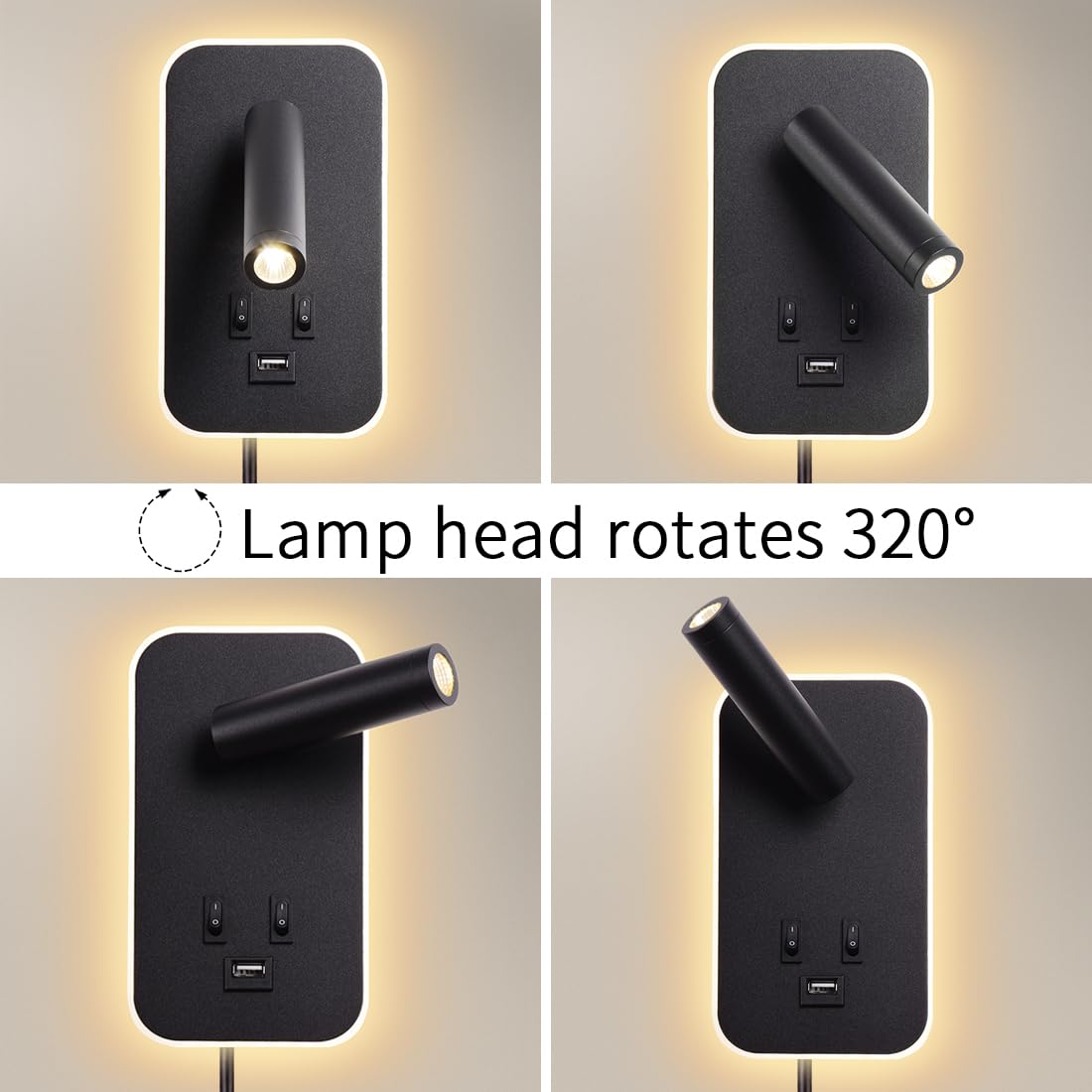 3W+9W LED leselampe wandlampe USB-Aufladung mit schalter wandleselampe Bettlampe innen Leselicht Schwenkbar Wandbeleuchtung Schlafzimmer Nachttischlampe 3100K, mit Stecker und Kabel, Schwarz