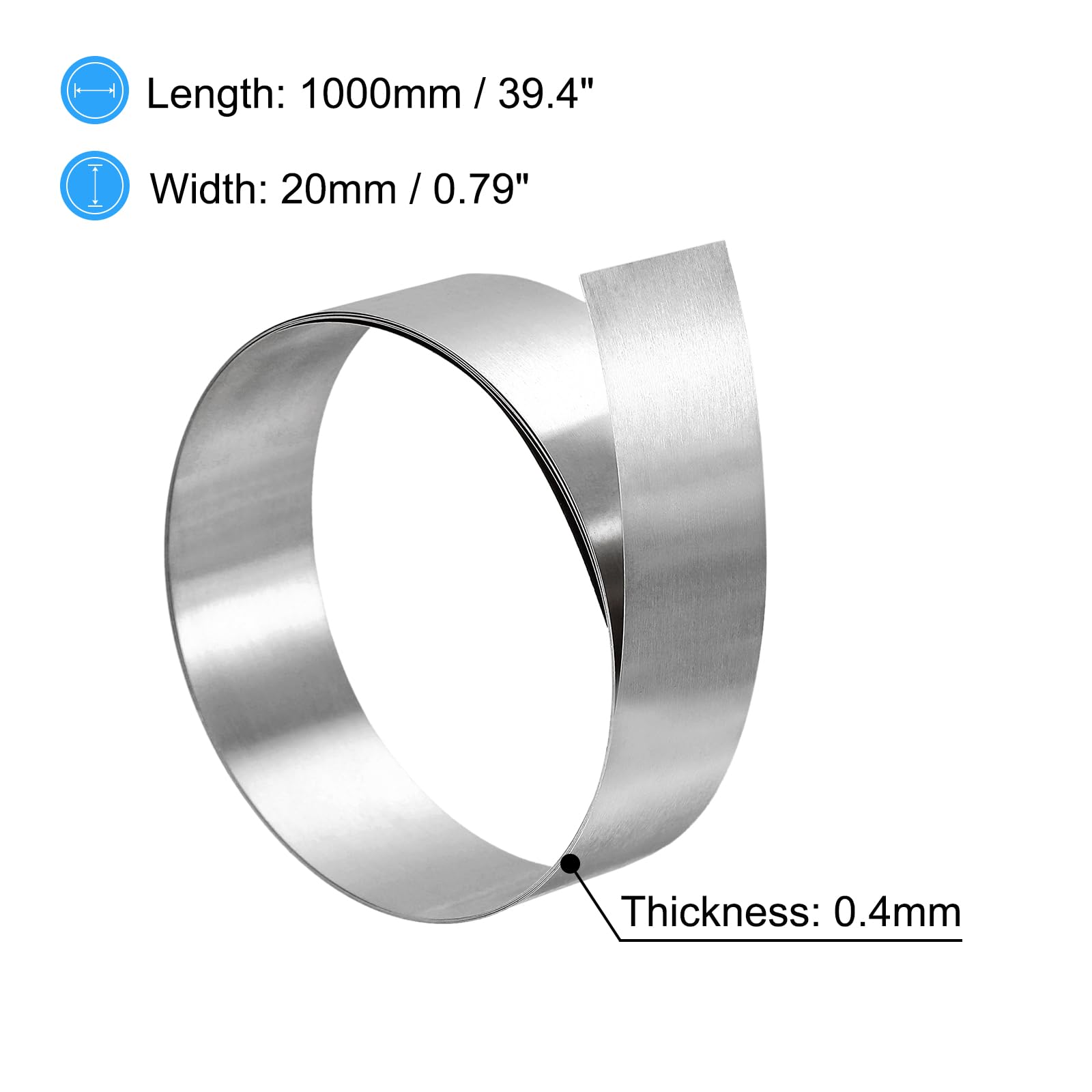 sourcing map Rolka folii ze stali nierdzewnej 304, 0,4 mm x 20 mm x 1 m, polerowana metalowa płyta taśmowa do majsterkowania, urządzeń elektronicznych, kolor srebrny