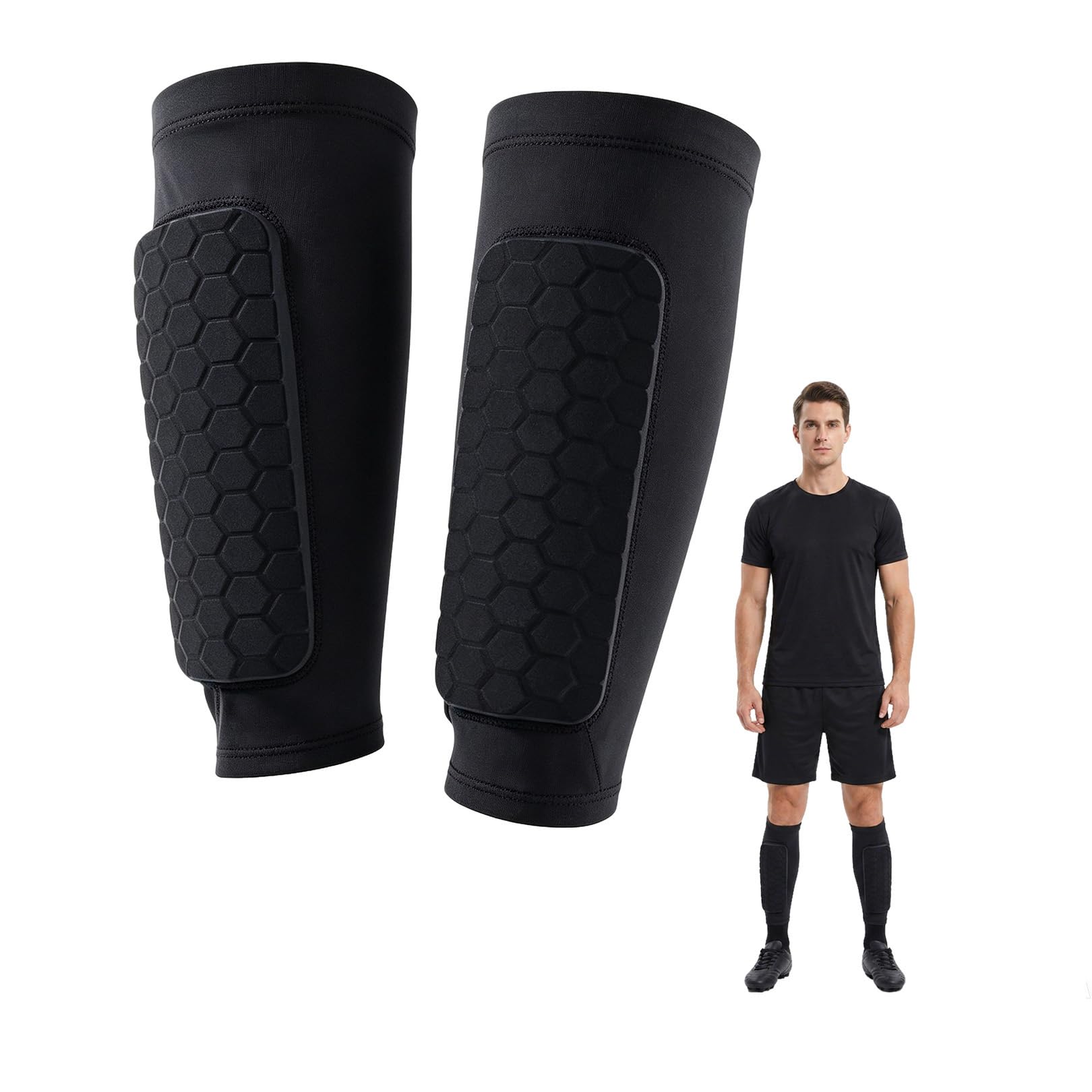 Football Shin Guards,Shin Defender Kids for Boys, Junior Teenagers Men Adults,Honeycomb Compression Sleeve Sock Shin Pads Socks,Built in Shin Pad Sleeves for Soccer Ski Protector with Impact (L)