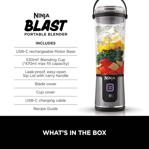 Ninja Blast Portable Blender, 530ml, Leakproof Lid & Sip Spout, Powerful Cordless Mini Blender, Rechargeable, Portable Smoothies, Protein Shakes, Blends Ice & Frozen Fruit, Black, BC151UKBK - 2