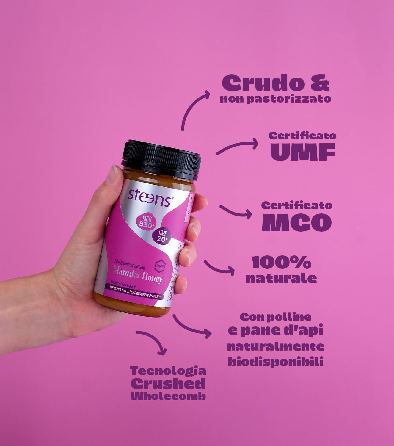 Steens Miele di Manuka - MGO 830+ - Puro Miele Manuka grezzo 100% certificato UMF 20+ - Invasettato e sigillato in Nuova Zelanda - Manuka Honey - 500 g