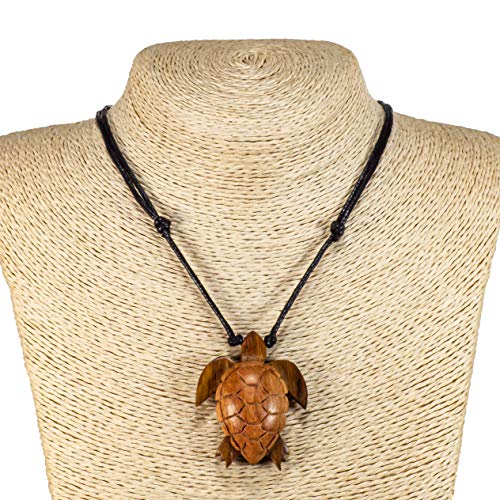 Bluerica Hand Carved Wood Sea Turtle Pendant On Adjustable Black Rope Cord Necklace #TOP1