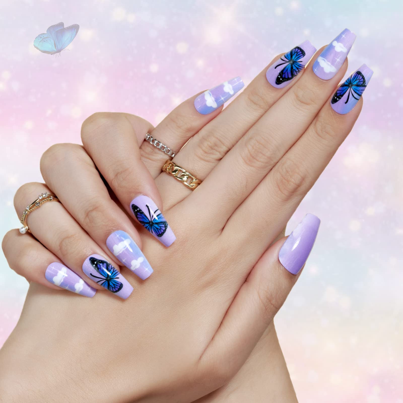 Amazon.com: Press on Nails Medium Coffin GLAMERMAID, Purple Blue Butterfly  Clouds Acrylic Long Fake Nails with Design Stick Glue on Nails for Women  False Nails Tips with 48Pcs Adhesive Tabs Nail File,