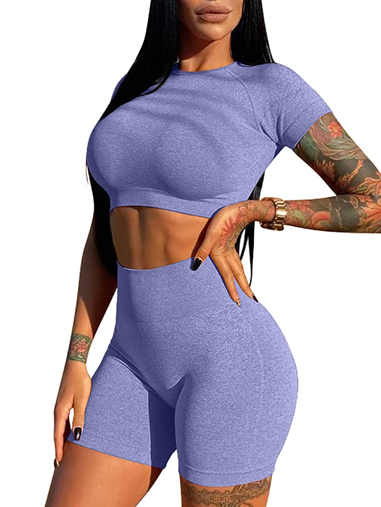 (Size S) HYZ Women's Workout 2 Piece Outfits High Waist Running Shorts Seamless Gym Yoga Crop Top Sets Bluegrey