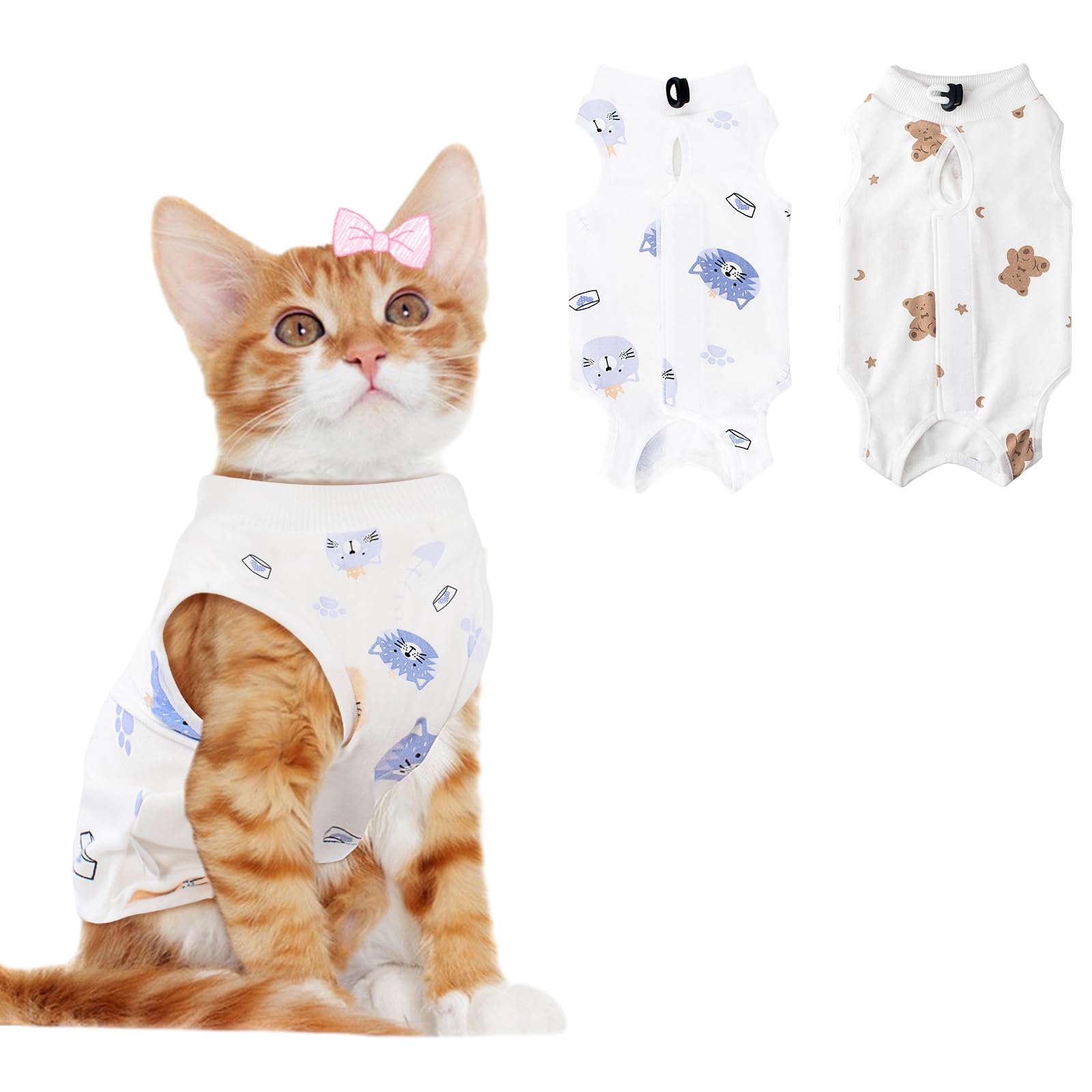 Photo 1 of 2 PCS Cat Recovery Suit Female Cat Onesie for Cats After Surgery Spay Abdominal Wounds, Kitten Recovery Suit Female Breathable E-Collar Alternative Kitten Onesie Anti Licking Large
