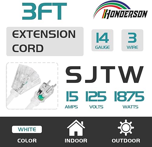 Miniatura 8 de HONDERSON Cable de extensión iluminado para exteriores de 10 pies con 3 tomas de corriente, cable de extensión blanco resistente SJTW 143 con