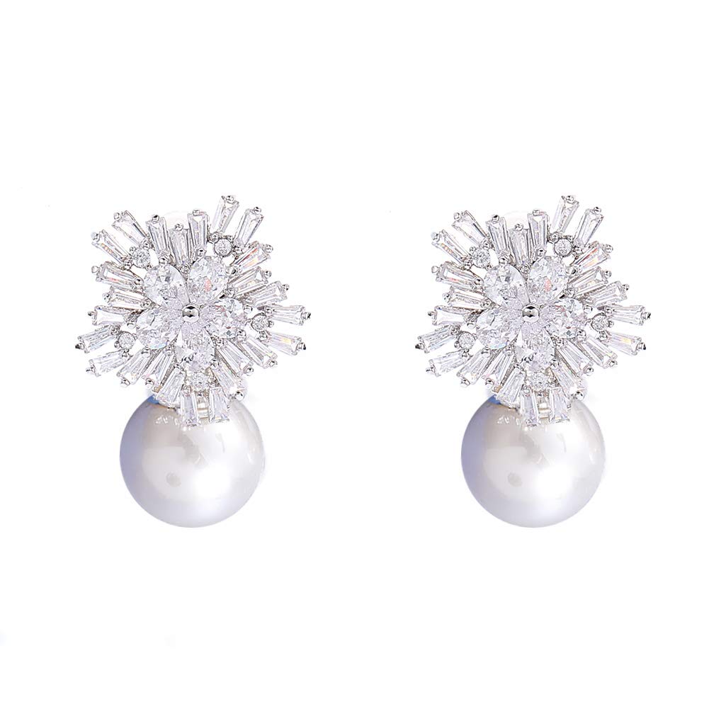 925 Sterling Cubic Zirconia Stud Earrings for Women, Snowflake Pearl Rhinestone Earrings Luxury Bridal Flower Fashion Jewelry