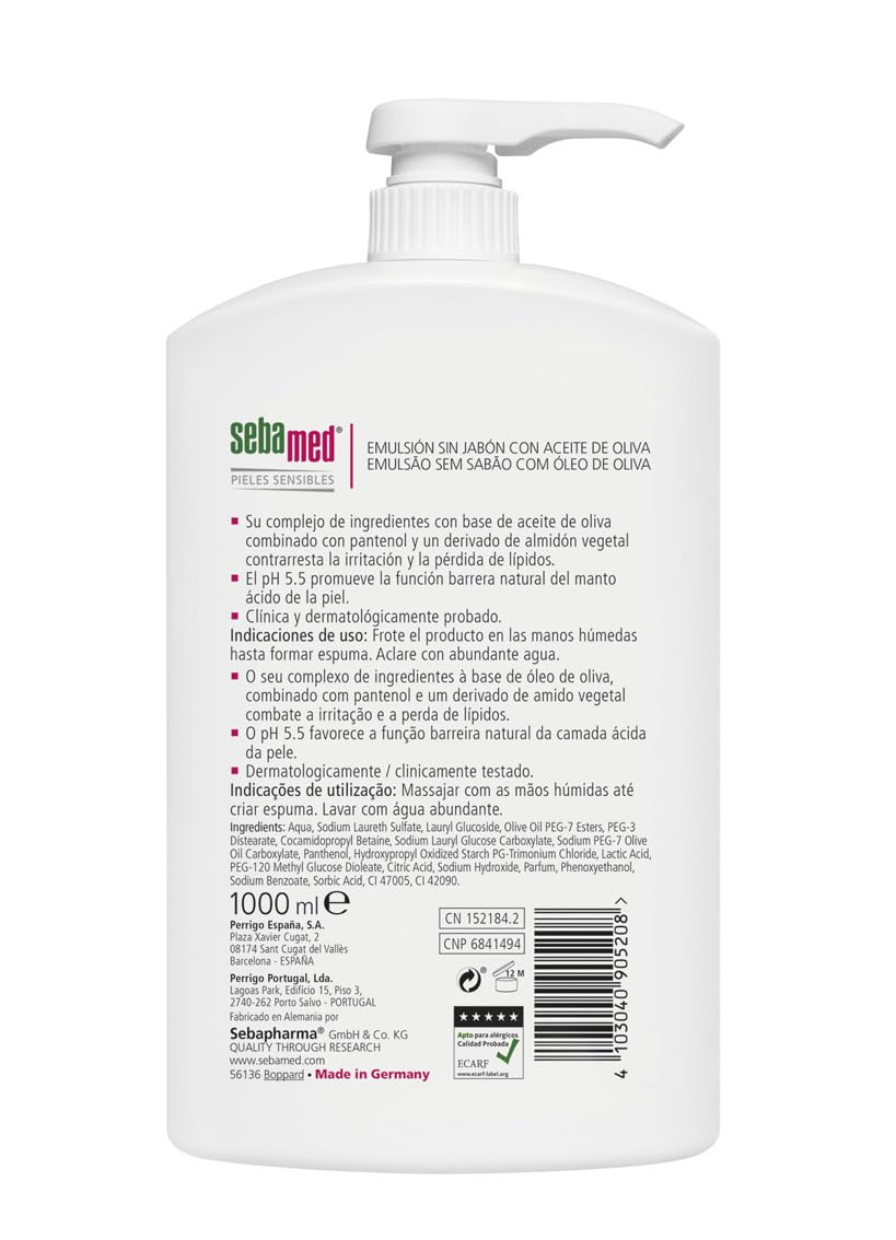Sebamed Emulsión sin Jabón con Aceite de Oliva, Gel de Baño para Pieles Secas y Sensibles, Higiene Diaria