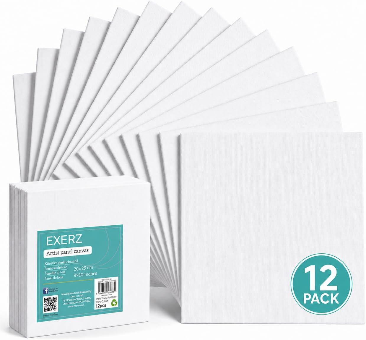 Exerz Canvas Panels 20x25cm, 12 Pack Blank Cotton Canvas Boards, Triple Primed Acid-Free Canvases for Acrylic & Oil Painting