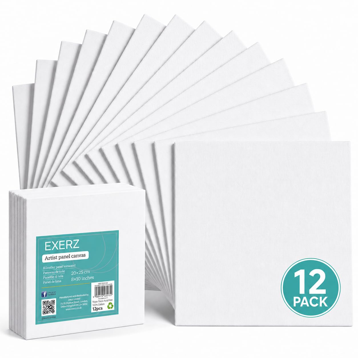 Exerz Canvas Panels 20x25cm, 12 Pack Blank Cotton Canvas Boards, Triple Primed Acid-Free Canvases for Acrylic & Oil Painting
