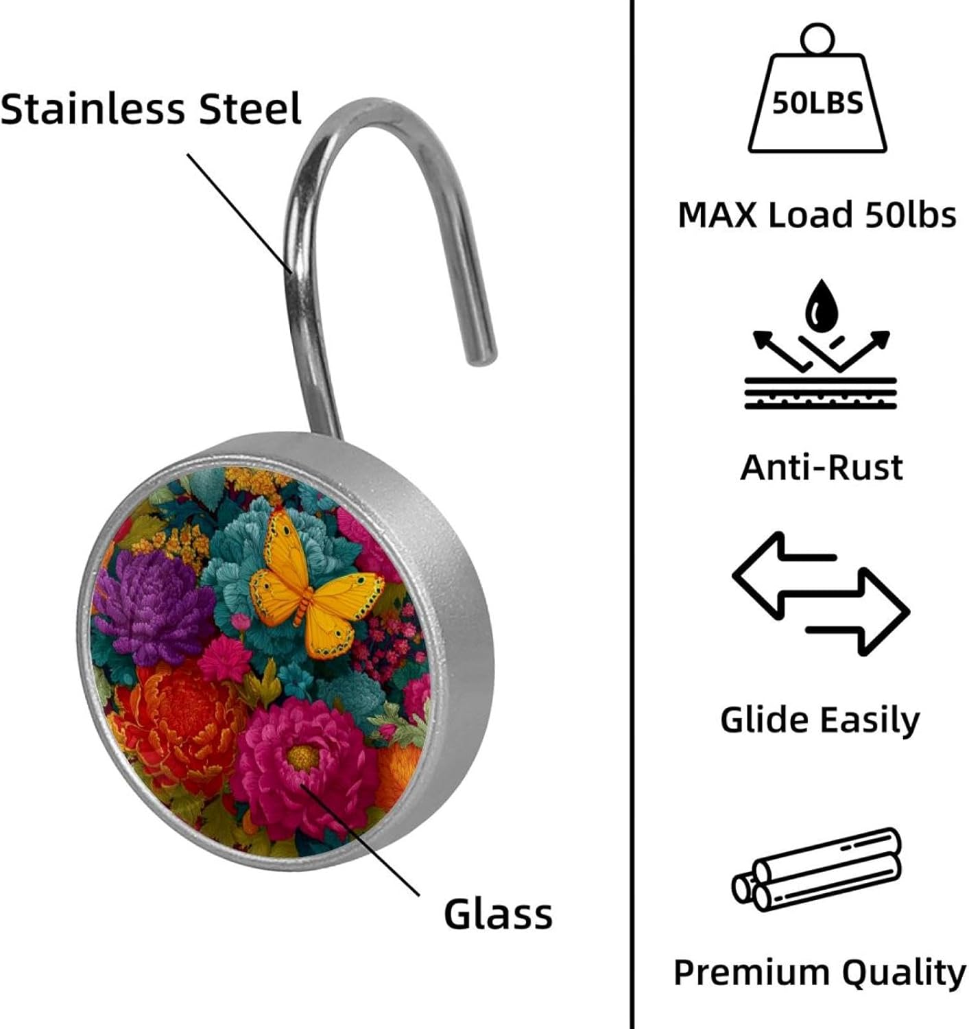 12PCS Floral Background with Butterfly (2) Shower Curtain Hooks Rings for Bathroom, Decorative Shower Curtain Hooks Rods Curtains and Liner