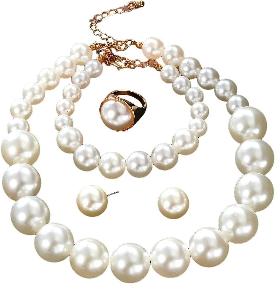COLORFUL BLING 4pcs Oversized Imitation Pearl Necklace Bracelet Earrings Ring Jewelry Set for Women Elegant Wedding Party Daily Statement Jewelry