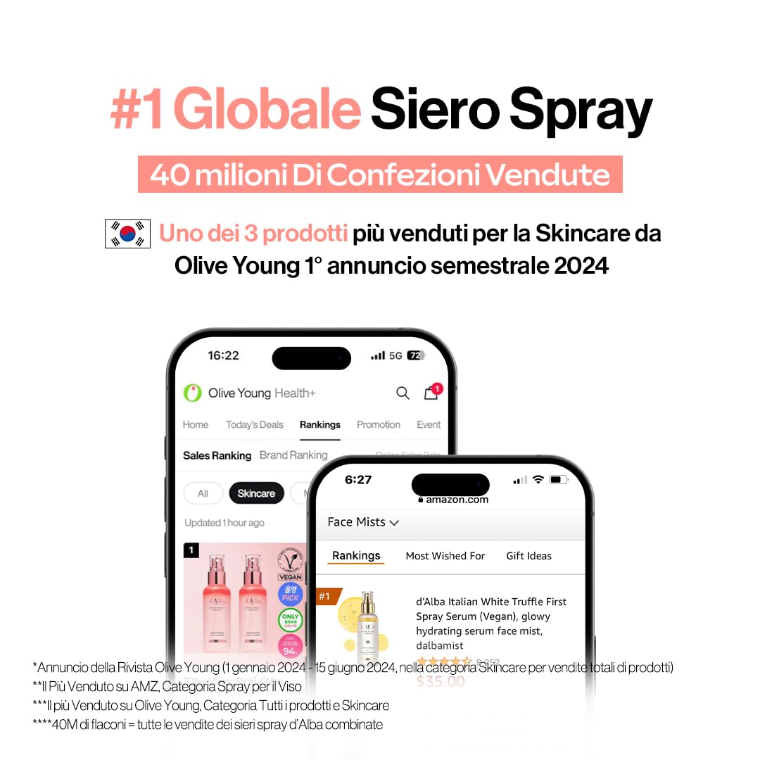 d'Alba Siero Vital Spray Serum al Tartufo Bianco Italiano, Siero Vitalizzante, Idratante, Lenitivo, Calmante per Viso, Soluzione per Pelli Arrossate e Sensibili, Cura della Pelle Coreana