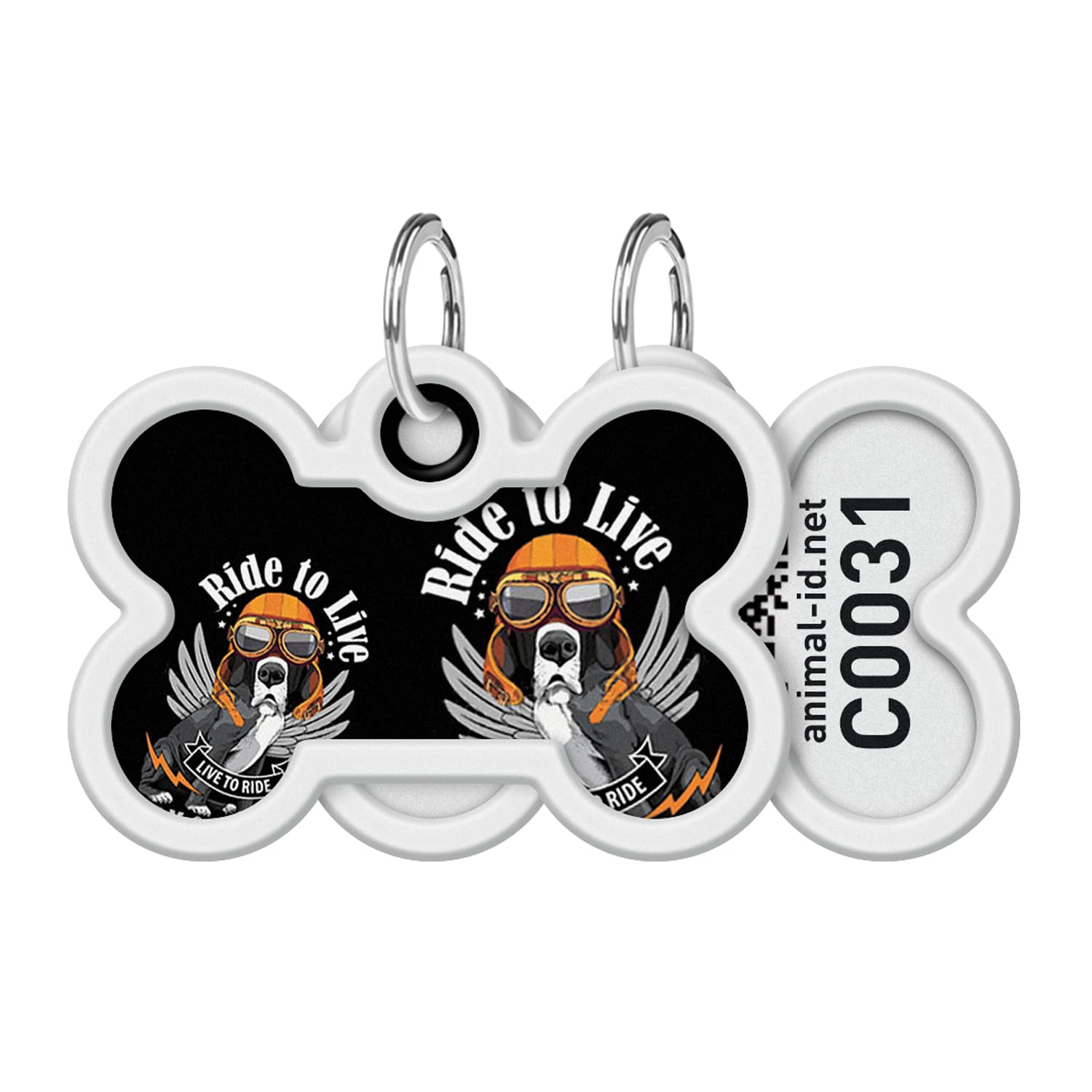 WAUDOGSmart ID metal pet tag with QR passport, «Ride to live» design, bone, L 40 mm, W 28 mm