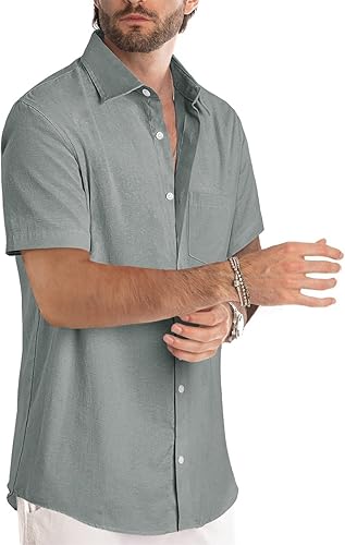 Miniatura 84 de JMIERR Camisas de vestir a rayas con botones y manga corta para hombre