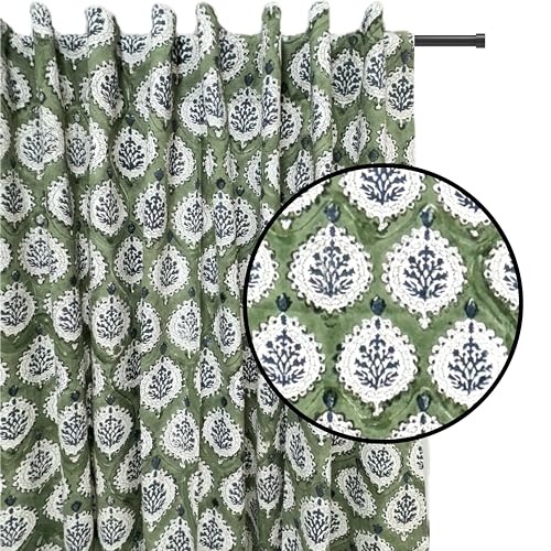 ATOSII 100% Cotton Single Panel Floral Block Print Curtain, Easy Hanging with Rod Pocket & Loop, Living Room, Dining Room, Bedroom Light Filtering Boho Curtains, Set of 1, 60" W X 84" L, Kari Green