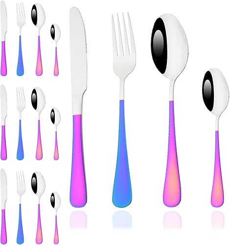 JASHII Juego de cubiertos iridiscentes de acero inoxidable de 32 piezas juego de cubiertos de color arcoíris lindo juego de tenedores de cuchillos
