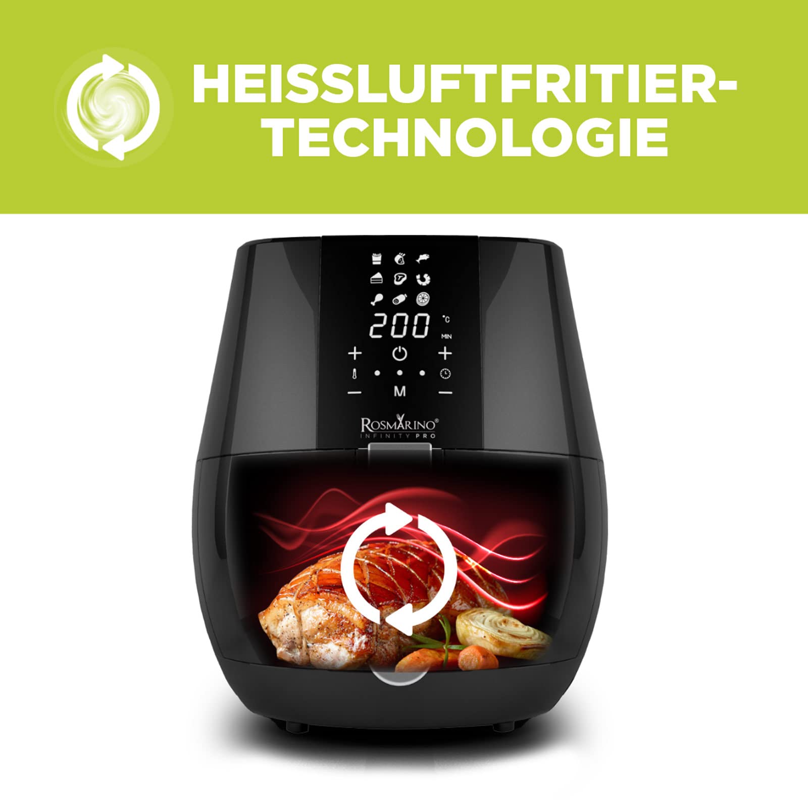 ROSMARINO Frytkownica beztłuszczowa, 3,5 l, XL, Air Fryer z cyfrowym ekranem dotykowym LED, 9 programów, podgrzewanie wstępne i utrzymywanie ciepła, tryb shake, 100 przepisów po niemiecku, 1500 W