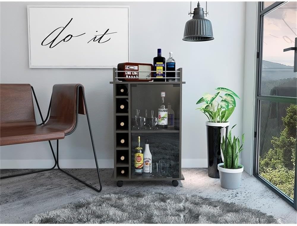 Tuhome Dukat Bar Cart with Two Shelves, Six Built-in Wine Racks, Four Casters, Modern Storage Solution for Kitchen or Dining Room