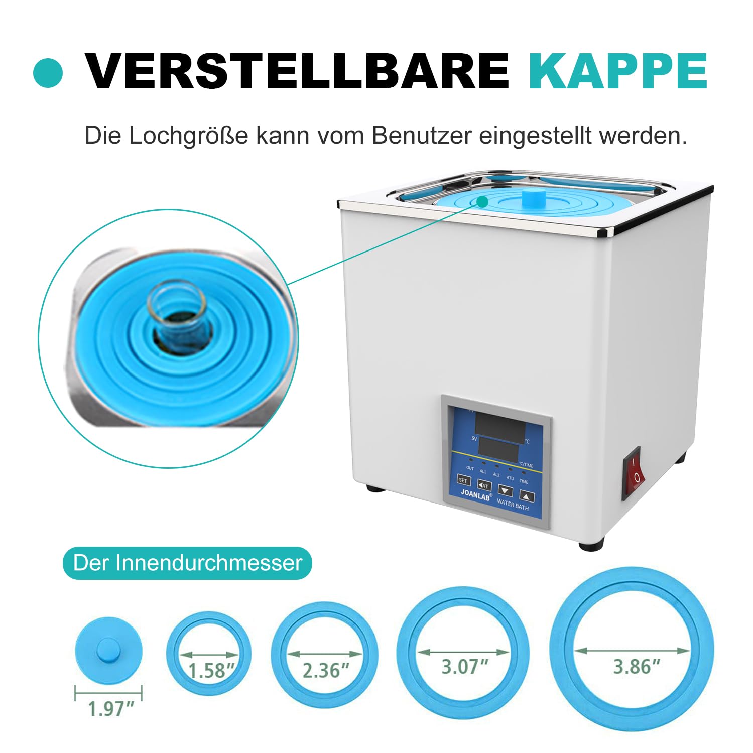 JOANLAB Laborwasserbad 3L, 300W - Einzelöffnung, Edelstahl - Präzises Thermostat ±0,1°C - Timer 0-99 Min - LED Display