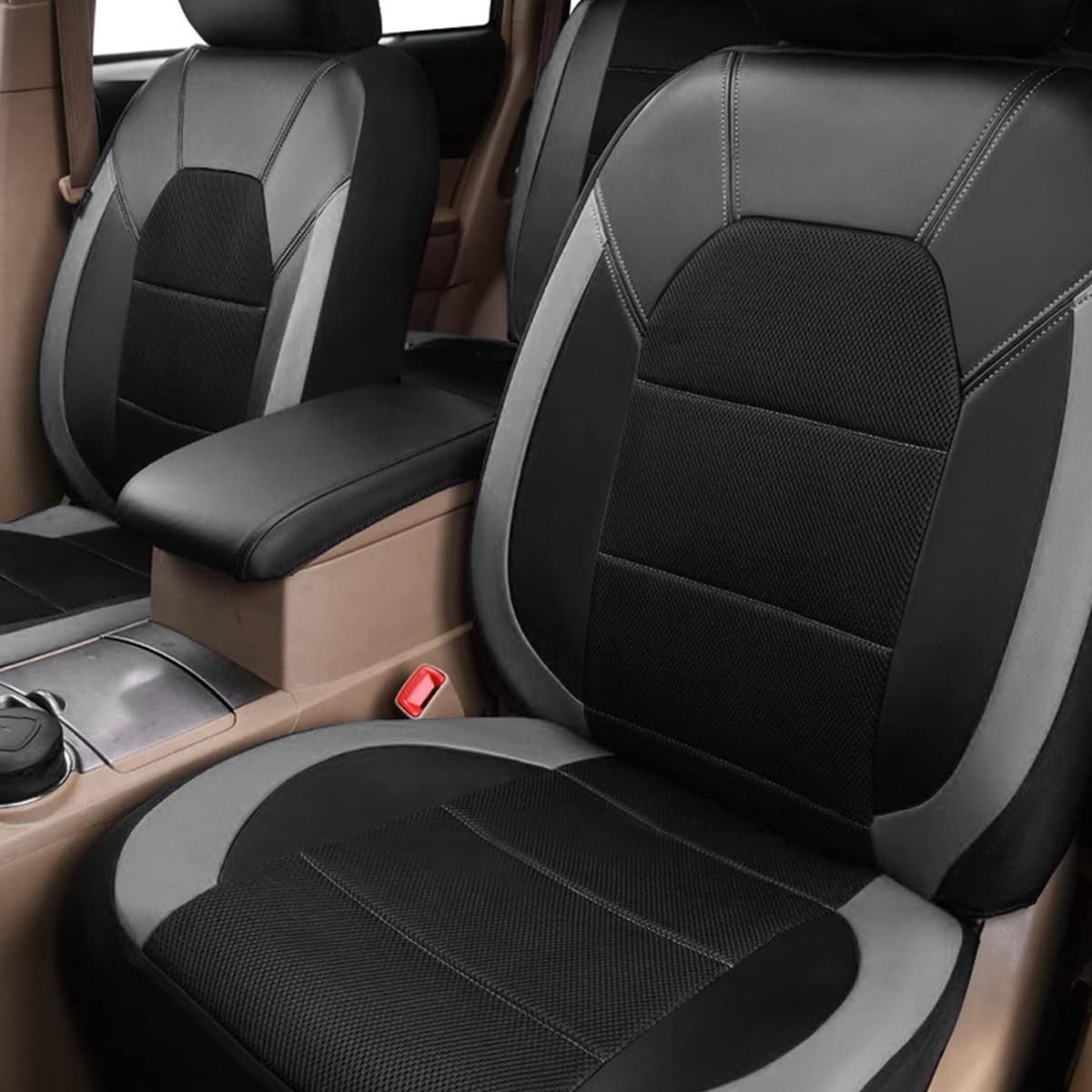 JNNJ 4 Pezzi Coprisedili Auto Set Completo, Coprisedili Anteriori per Auto Con Copripoggiatesta, Coprisedili Anteriori a Rete per Auto Pelle PU, Universale Accessori per Sedili Dell'auto(Grigio)