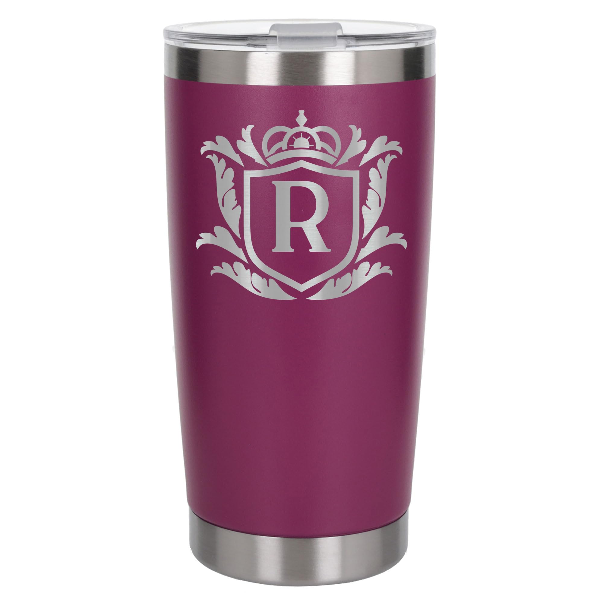 Customised Gifts 500ml Engraved Shield Initial Monogram Insulated Personalised Dark Pink Travel Mug for Men and Women - Personalised Initial Coffee Travel Mug for Hot and Cold Beverages, Letter R