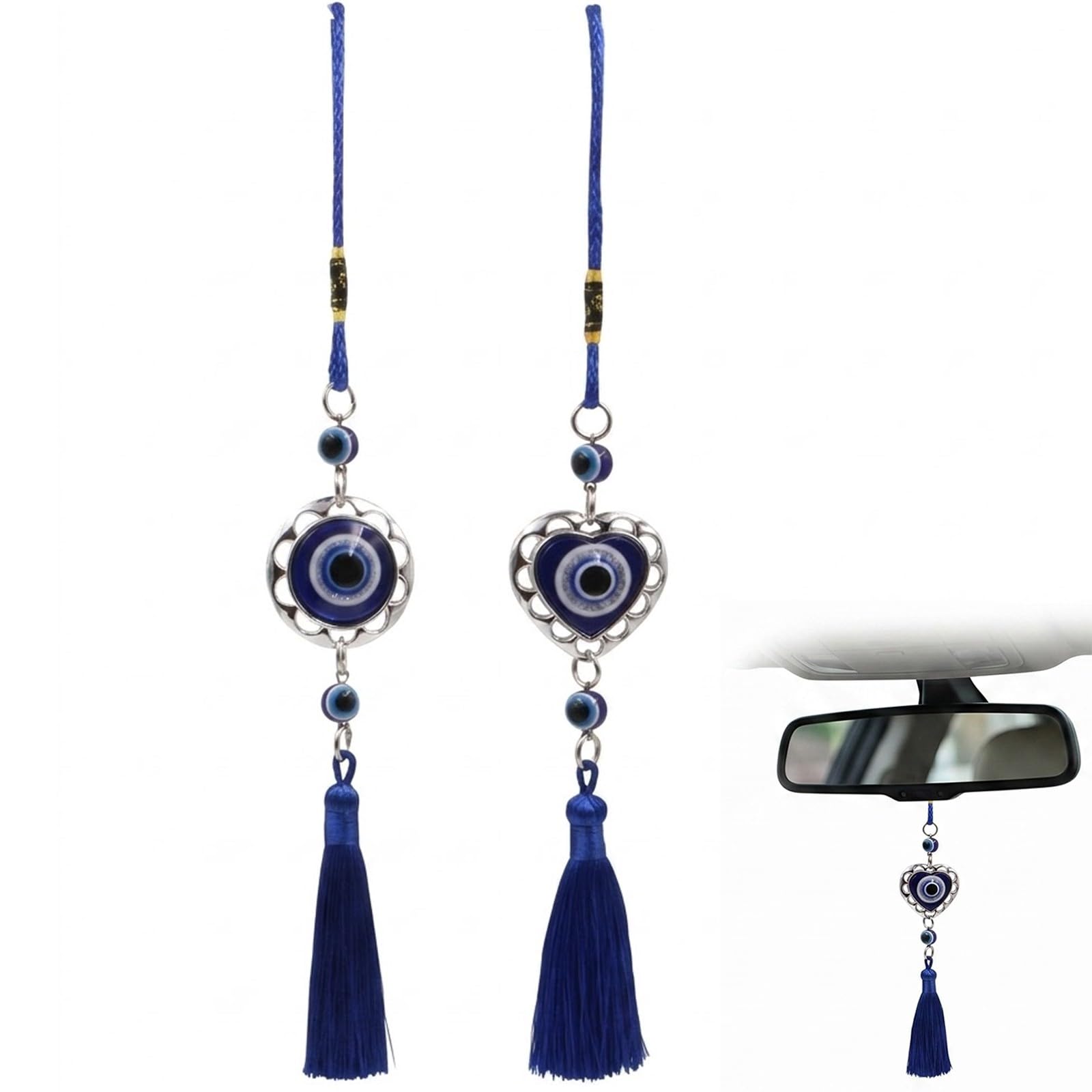 2 Pezzi Occhio Turco Portafortuna per Auto, Amuleto contro il Malocchio per Specchietto Retrovisore, Decorazioni Auto e Casa in Lega e Vetro Blu, Regalo Auto Nuova (Forma Rotonda e Cuore)