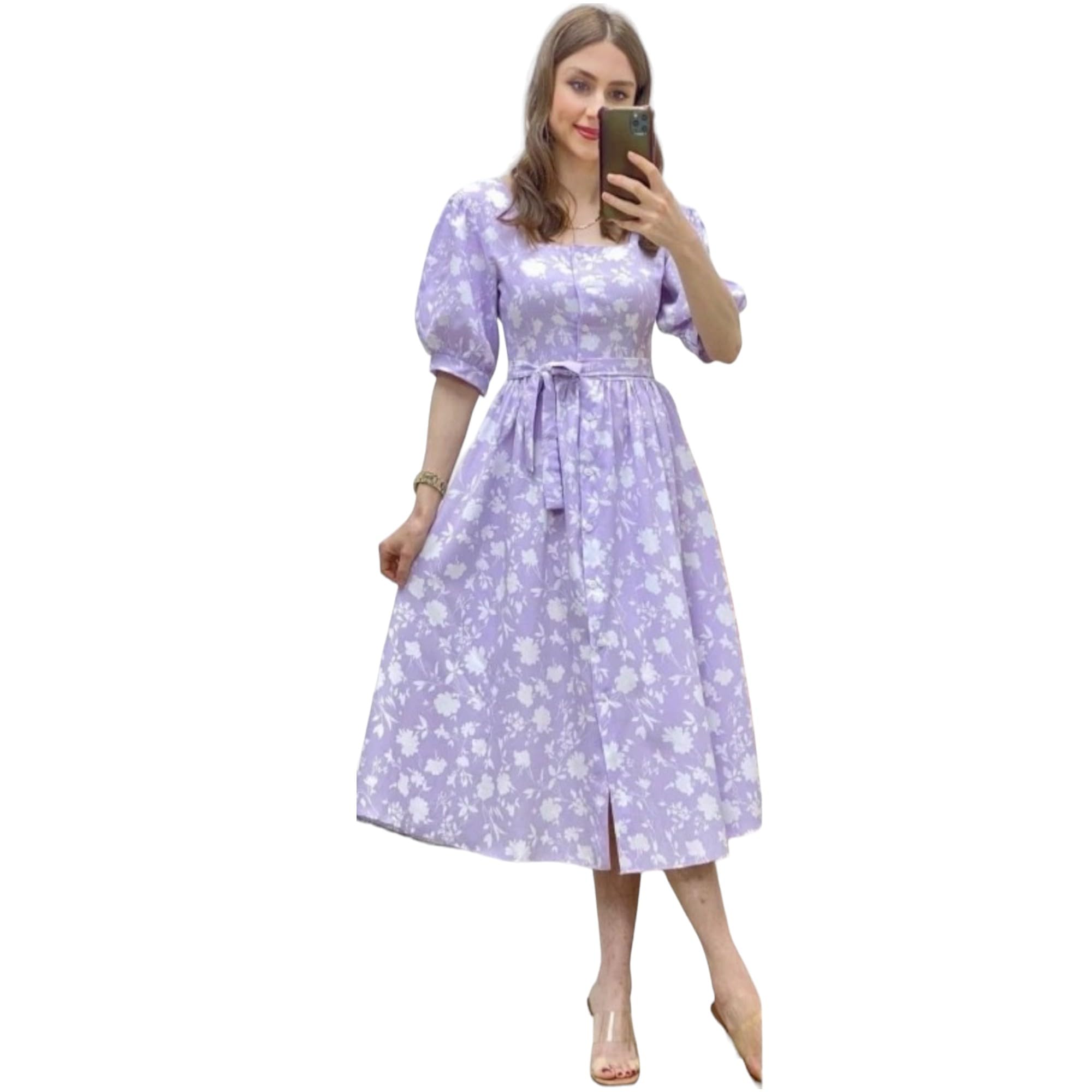 Gufrina Women's Half Sleeve Square Neck & Tie-Up Dress - Floral Print Midi Dress With Puff Sleeves (Lavender Xl)