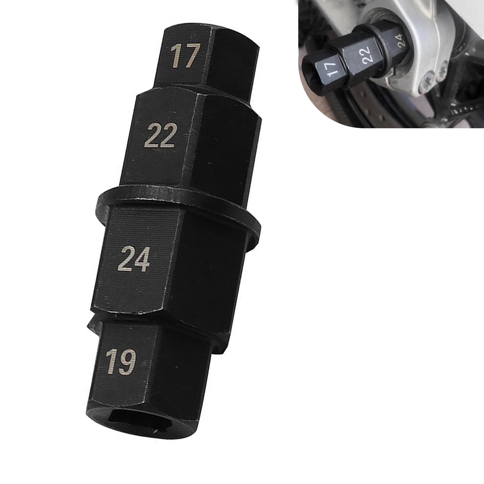 Diamall 1 PC Motorcycle Hex Axle Tool, 17/19/22/24mm Front Rear Wheel Spindle Socket Adapter Tool, High Strength Steel Axle Hex Spindle Driver Socket Tool, Universal for Most Motorcycles (Black)