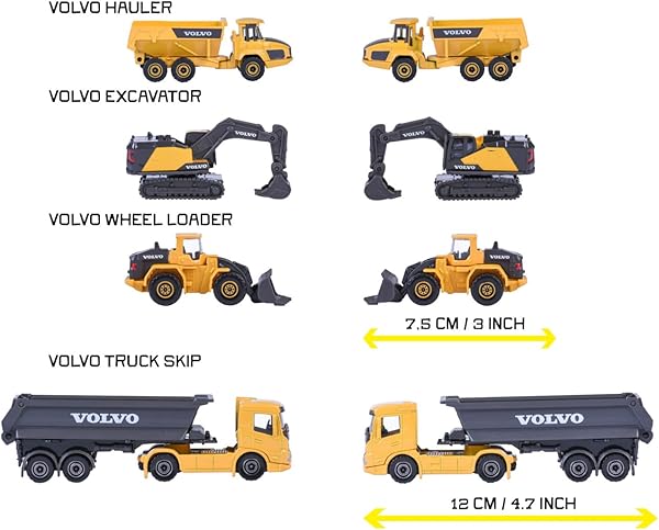 Majorette – Volvo Baustellenfahrzeuge 4er Geschenkset – Bagger, Radlader, Kipplaster, Knicklenker, Spielzeugautos aus Metall, für Kinder ab 3 Jahren, Schwarz/Gelb - 3