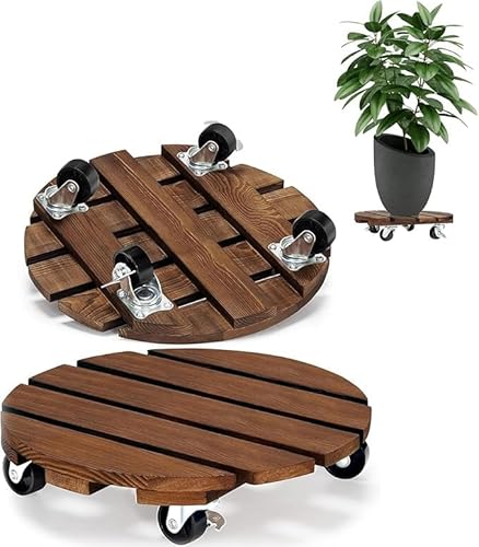 WEZCHUGHAOL 2-Pack Wood Plant Caddy with 360° Lockable Wheels, Rolling Plant Stand for Indoor Outdoor Flower & Succulent Pots, Round Pot Caster Tray 30x30x8cm