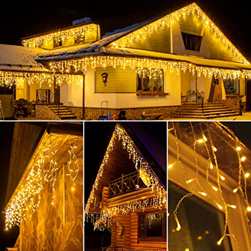 WOWDSGN LED Eisregen Lichterkette Außen, 15M 660LED Eiszapfen mit Timer 8 Modi IP44 wasserdicht Strombetrieben, Lichtervorhang für Weihnachten Dachkante Dachrinne Terrasse Balkon Warmweiß