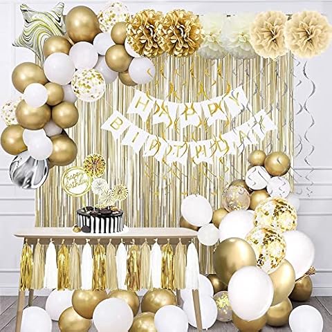 NiCoLa Gold and White Birthday Party Decorations Set, Happy Birthday Decorations including Happy Birthday banner, Tissue Paper Poms, Latex Balloon, Glitter Garlands, Hanging Swirls Party Decorations Cover