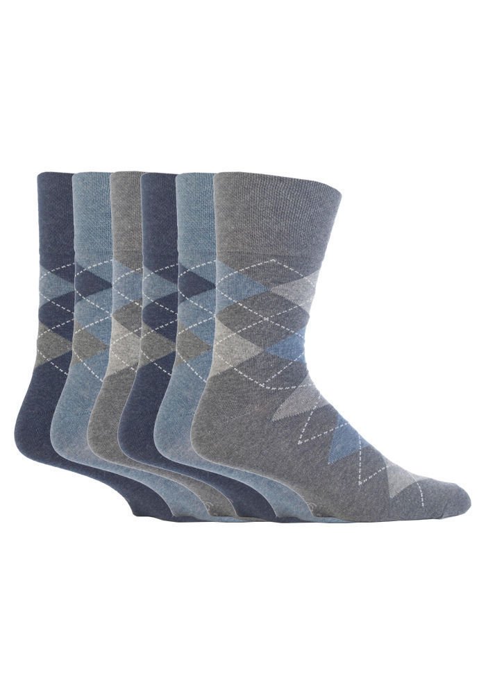 Sockshop Men's Blue 6 Pairs Cotton Gentle Grip Big Foot Socks, Size 12-14 Uk 46-50 Eur See Various (6 X Rj38 Argyle - Denim)