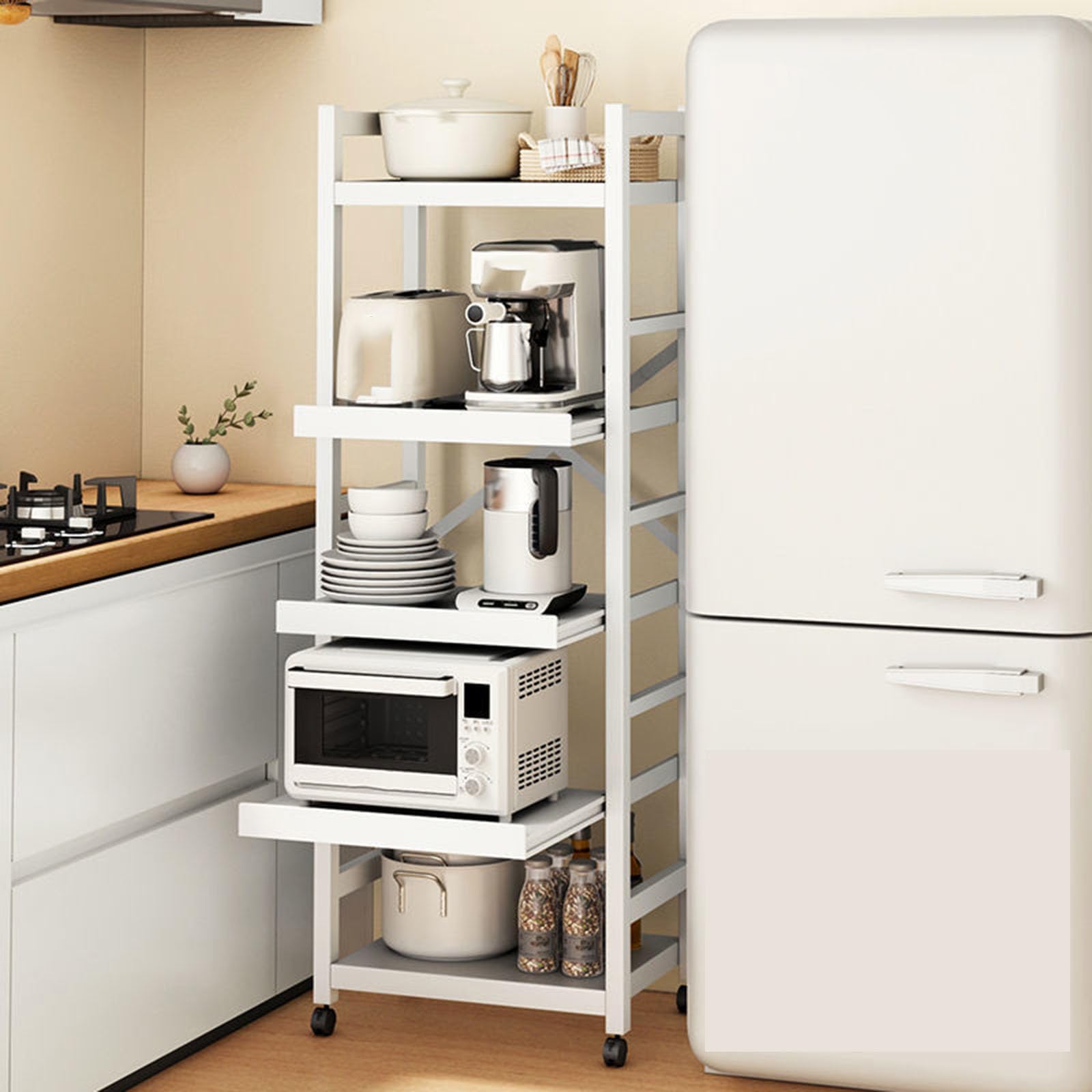 Eiwitany The Kitchen Shelf Is Mobile, Foldable, Multi-functional, and The Three-layer Pull-out Layer Can Store Kitchen Appliances, Daily Necessities, Etc. (white 35CM)