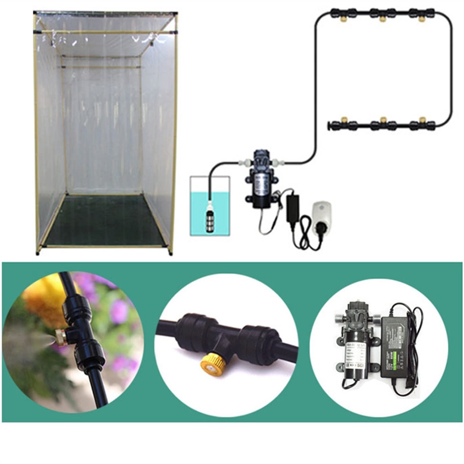 Sprühnebel Kühlung Terrasse Garten Gewächshaus Pavillon Wasserzerstäuber mit 12V Pumpe, Bewässerungssystem Outdoor Misting System Wasser Cooling Sprinkler System für Rasen, Blume, Outdoor