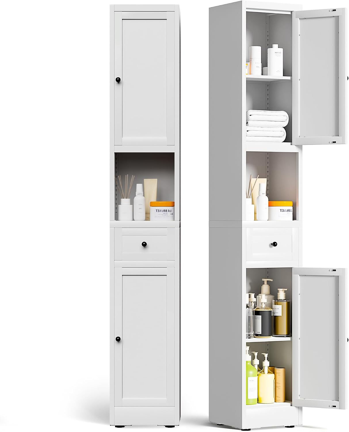 71 Inch Tall Narrow Bathroom Storage Cabinet, Slim Metal Freestanding Floor Cabinet with Doors, Adjustable Shelves, Drawer & Open Shelf, Bathroom Organizer for Small Spaces, White